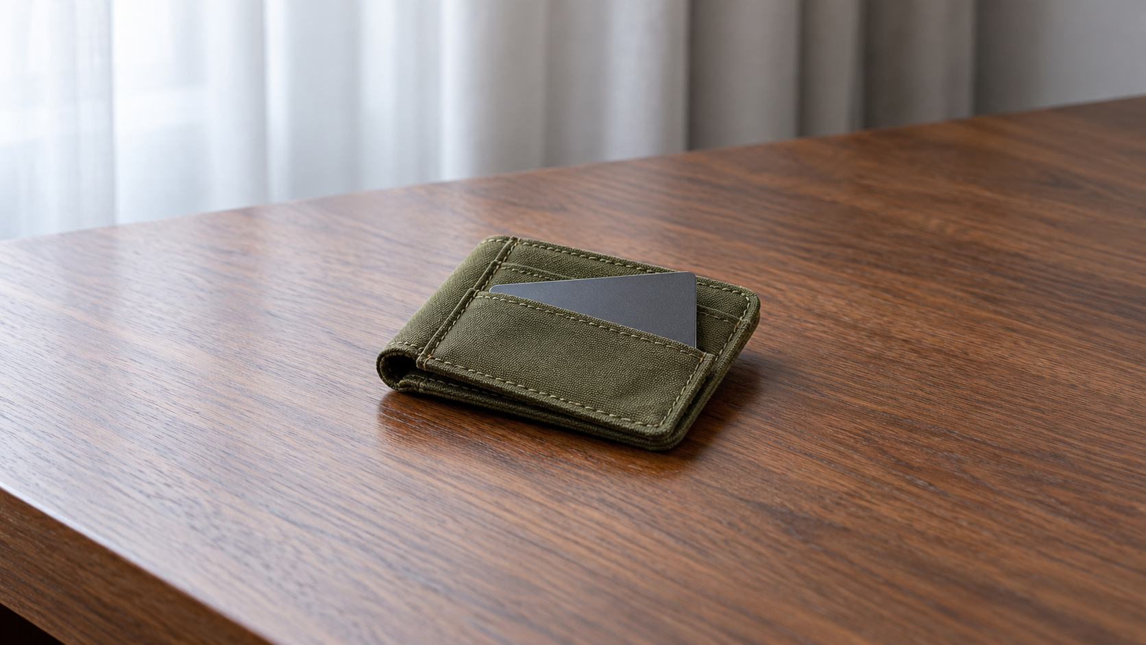 Bodegón conceptual de viaje con una cartera de lona verde y una tarjeta sin marcas sobre una mesa de hotel.