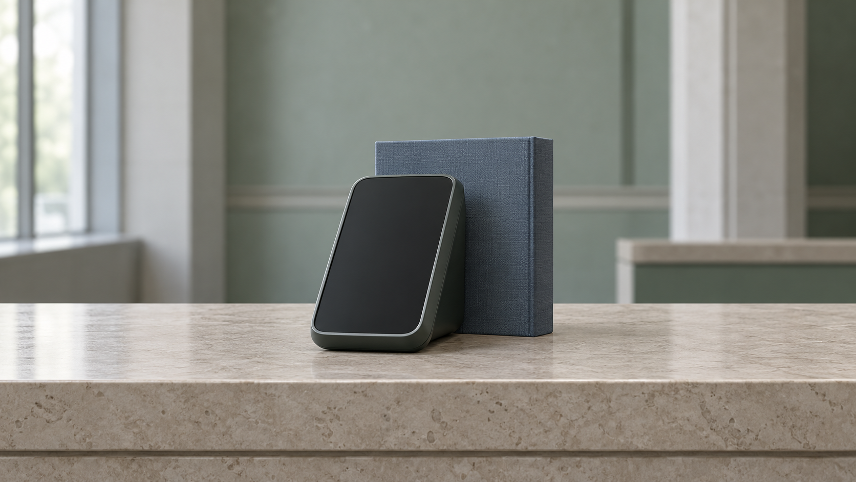 A generic blank-screen payment terminal stands in front of a small closed blue-gray binder on a stone counter.