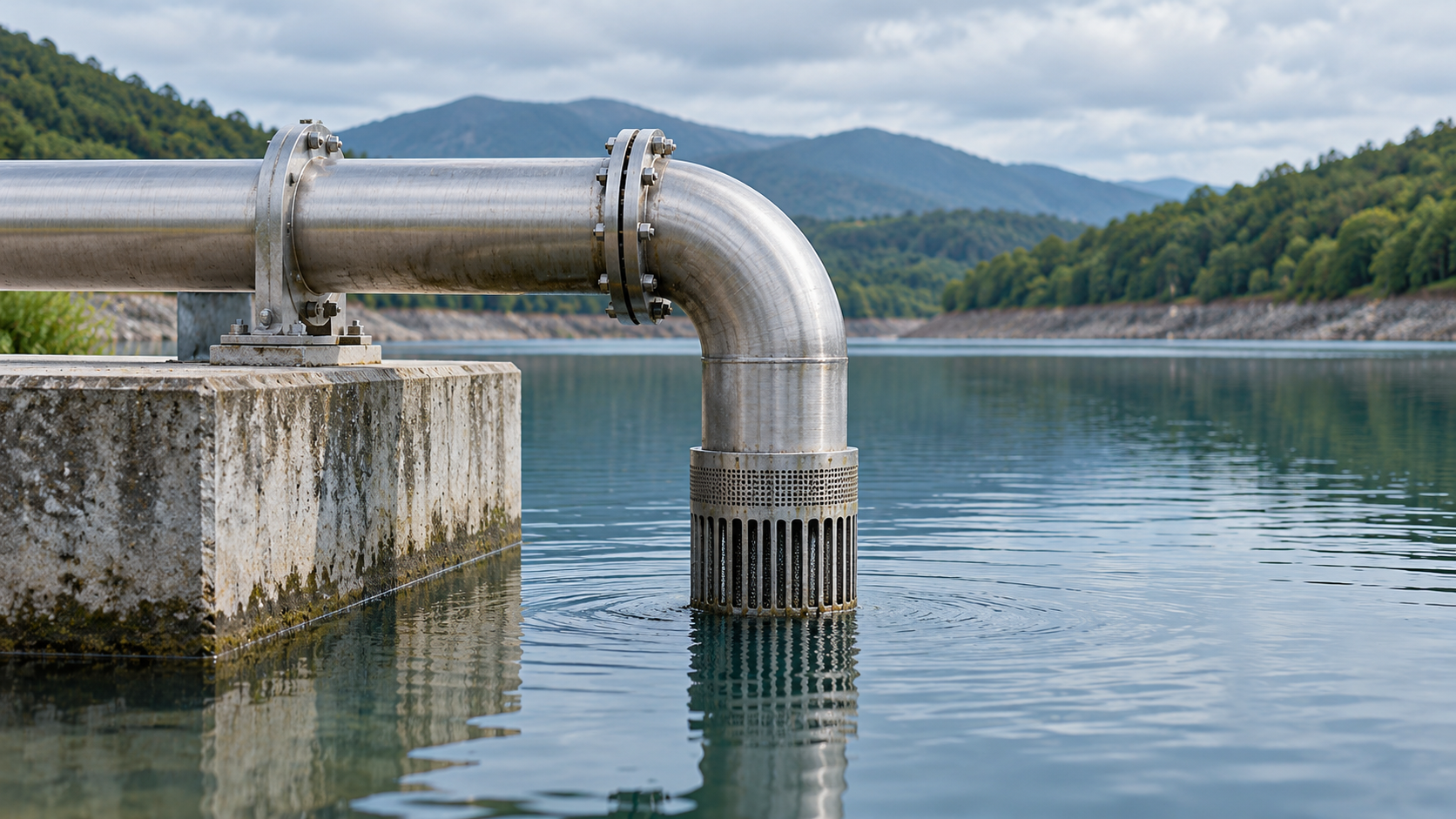 Bodegón conceptual de una tubería de captación de acero inoxidable sobre un embalse tranquilo.